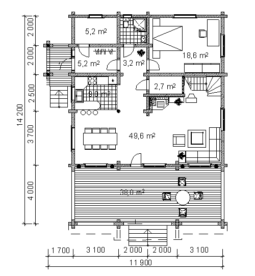 The project of log house d188.  Ground floor plan.