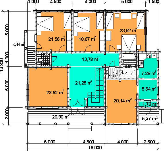 Проект двухэтажной гостиницы из оцилиндрованного бревна D360.  План 1 этажа